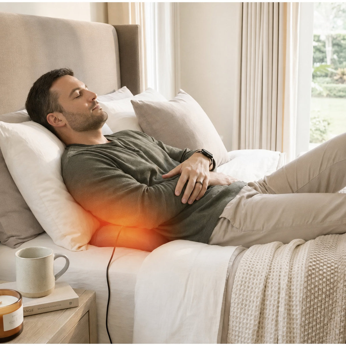 Man relaxing in bed with the Orevive SpineEase massager easing his lower back